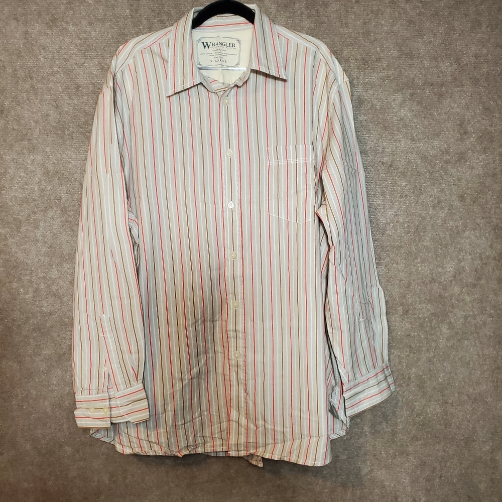WRANGLER JEANS CO. MEN'S XL Beige Rust Striped Shirt Cotton Long Sleeve Vintage.